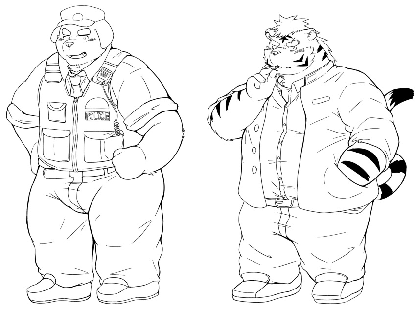 2022 anthro belly big_belly bottomwear bulge canid canine canis clothing domestic_dog duo felid hat headgear headwear hi_res humanoid_hands i_0rai kemono male mammal overweight overweight_male pantherine pants police police_officer police_uniform shirt tiger topwear uniform