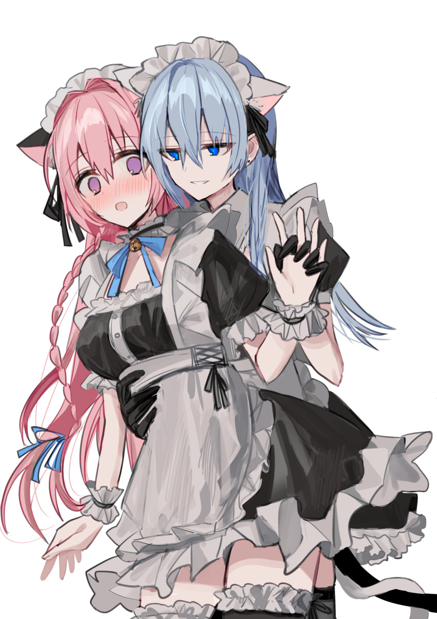2girls absurdres alternate_costume animal_ears apron bangs bell black_dress black_gloves black_legwear blue_bow blue_eyes blue_hair blue_ribbon blush bow braid breasts cat_ears cat_girl cat_tail chihuri commentary_request dress enmaided eyebrows_visible_through_hair frilled_apron frilled_dress frilled_gloves frilled_legwear frills gloves hair_between_eyes hair_ribbon highres jingle_bell kemonomimi_mode maid maid_headdress medium_breasts multiple_girls neck_bell nose_blush open_mouth original parted_lips pink_hair puffy_short_sleeves puffy_sleeves purple_eyes ribbon short_sleeves simple_background smile tail thighhighs white_apron white_background wrist_cuffs yuri