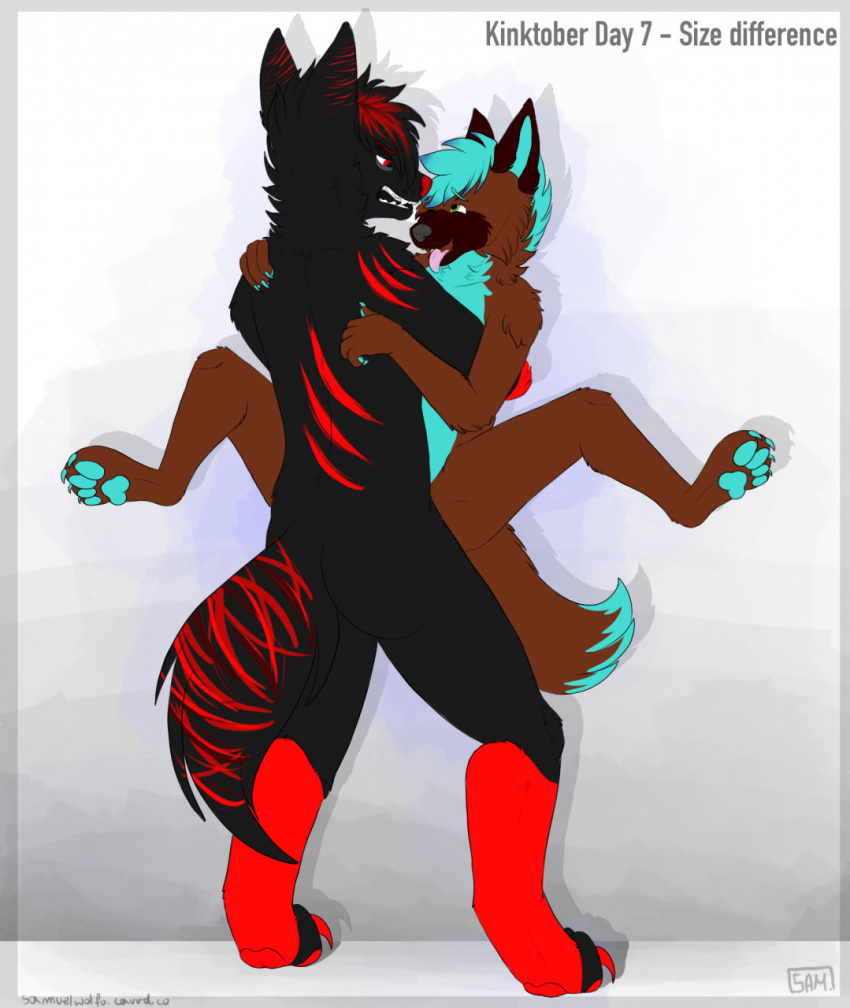 anthro canid canine canis domestic_dog duo hi_res holding_(disambiguation) male male/male mammal moan pinned pinned_to_wall samuelwolfo sex size_difference spread_legs spreading tongue tongue_out wolf