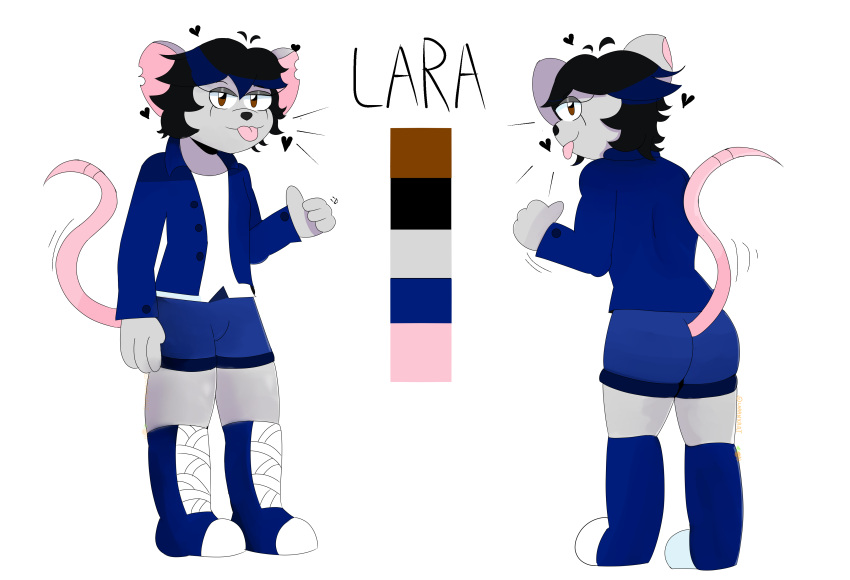 absurd_res anthro blue_clothing boots clothing design_sheet footwear front_and_back fur gesture grey_body grey_fur hair hearts_around_head hi_res lara(laranxart) lara_the_rat laranxart male mammal model_sheet mouse murid murine original_characters pink_tail rat redesign rodent shaded shading_eyes short_hair simple_background thumbs_up tongue tongue_out white_background zero_pictured