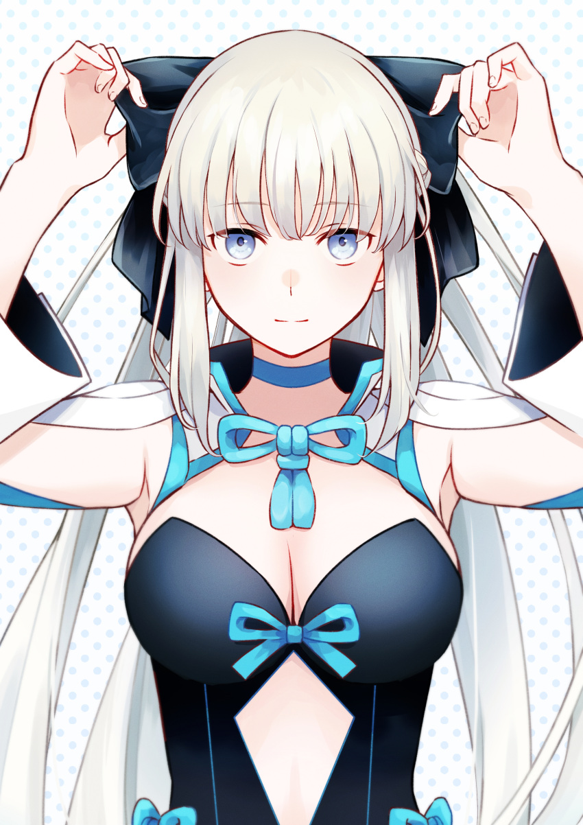 1girl absurdres adjusting_bow black_bow black_dress blue_eyes blue_ribbon bow breasts cleavage closed_mouth commentary_request dress eyebrows_visible_through_hair fate/grand_order fate_(series) grey_hair h6bird hair_bow highres large_breasts long_hair looking_up morgan_le_fay_(fate) neck_ribbon ponytail ribbon sidelocks smile solo two-tone_dress very_long_hair white_dress wide_sleeves