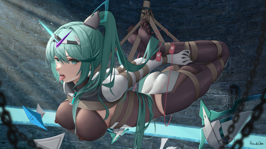 1girl absurdres artist_name ass bangs bdsm black_legwear bondage bound breasts chinese_commentary closed_mouth commission covered_nipples folded green_eyes green_hair hair_between_eyes high_ponytail highres large_breasts long_hair looking_at_viewer nipples no_shoes open_mouth pantyhose pneuma_(xenoblade) ponytail restrained rope roundschen saliva see-through sex_toy shibari shibari_over_clothes signature skindentation soles solo swept_bangs teeth tiara tied_up_(nonsexual) toes tongue tongue_out very_long_hair vibrator xenoblade_chronicles_(series) xenoblade_chronicles_2