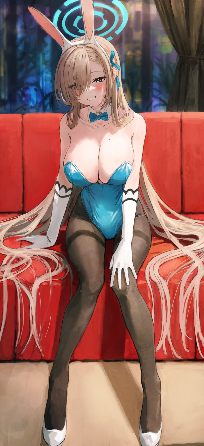 1girl absurdres animal_ears asuna_(blue_archive) asuna_(bunny_girl)_(blue_archive) bangs bare_shoulders blue_archive blue_eyes blue_leotard blush breasts brown_legwear cleavage detached_collar elbow_gloves fake_animal_ears gloves grin hair_over_one_eye halo high_heels highleg highleg_leotard highres large_breasts leotard light_brown_hair long_hair looking_at_viewer mole mole_on_breast pantyhose playboy_bunny rabbit_ears sitting smile solo sonchi white_footwear white_gloves