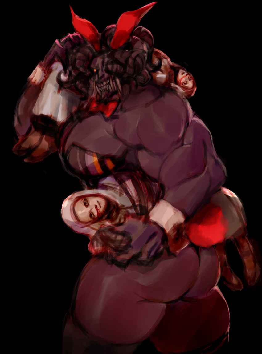 1_eye anthro back_muscles biceps big_butt big_pecs blood bodily_fluids bunny_costume butt carrying carrying_partner clenched_teeth clothed clothing costume digital_media_(artwork) elden_ring fake_ears fake_rabbit_ears fromsoftware group hi_res horn human humanoid looking_at_viewer male mammal mohg_lord_of_blood monster monstrous_humanoid muscular muscular_male muscular_thighs nosebleed omen_(elden_ring) open_mouth partially_clothed pecs sharp_teeth simple_background size_difference subliminalplums teeth triceps unconscious video_games yellow_eyes