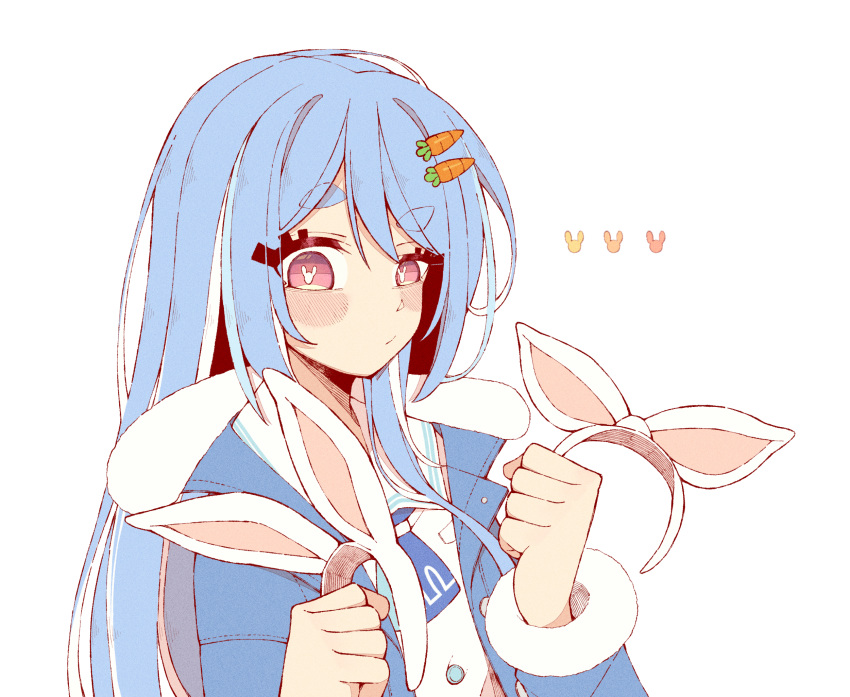 1girl animal_ears bangs blue_hair blue_jacket blush carrot_hair_ornament closed_mouth commentary english_commentary fake_animal_ears food-themed_hair_ornament hair_ornament hairband_removed hands_up highres hololive jacket long_hair no_ears pink_eyes rabbit_ears simple_background solo symbol-shaped_pupils thick_eyebrows unexistarts upper_body usada_pekora virtual_youtuber white_background