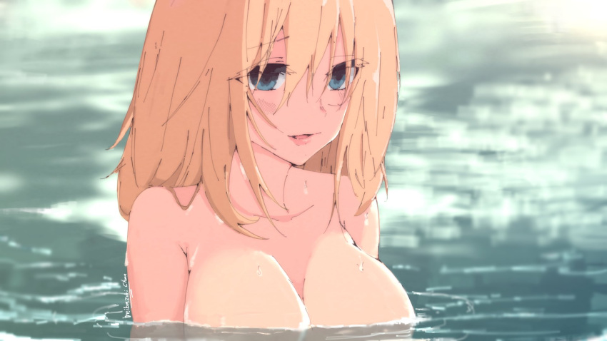 1girl artist_name blonde_hair blue_eyes breasts cleavage collarbone eyebrows_visible_through_hair highres large_breasts looking_ahead medium_hair mikazuki_chan olivia_(mobseka) open_mouth otome_gee_sekai_wa_mob_ni_kibishii_sekai_desu partially_submerged portrait smile solo topless water