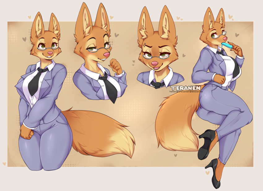 anthro big_breasts breasts canid canine clothed clothing conditional_dnp diane_foxington dreamworks eyewear female fox glasses high_heels looking_at_viewer mammal necktie orange_body popsicle_in_mouth popsicle_melting suit teranen the_bad_guys