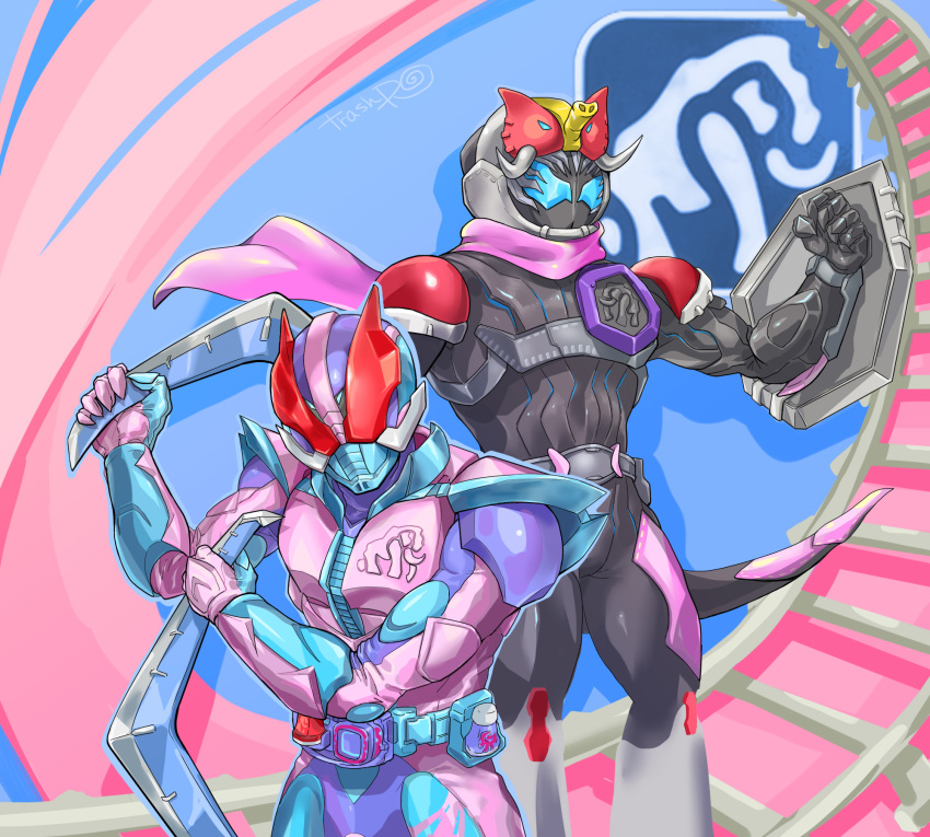 2boys animal_hood armor blue_eyes boomerang driver_(kamen_rider) extra_eyes green_eyes highres hood huujyu kamen_rider kamen_rider_revi kamen_rider_revice kamen_rider_vice male_focus mammoth mammoth_genome multiple_boys pink_scarf pose red_eyes reverse_grip revice_driver scarf sharp_teeth shield shoulder_armor teeth thumbs_up tokusatsu tusks vistamp