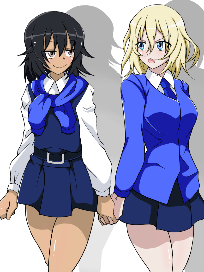 2girls andou_(girls_und_panzer) bangs bc_freedom_school_uniform black_dress black_eyes black_hair blonde_hair blue_cardigan blue_eyes blue_necktie blush brown_eyes cardigan closed_mouth commentary dark-skinned_female dark_skin dress dress_shirt frown girls_und_panzer half-closed_eyes highres holding_hands interlocked_fingers long_sleeves looking_at_another medium_hair messy_hair multiple_girls necktie open_mouth oshida_(girls_und_panzer) pattsi pinafore_dress pleated_dress school_uniform shirt short_dress smile standing sweater_around_neck v-shaped_eyes white_background white_shirt wing_collar yuri