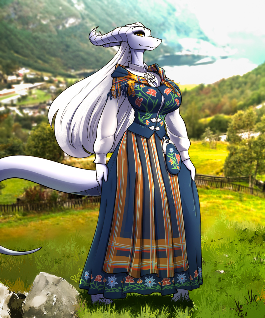 big_breasts breasts bunad clothing draako dragon dress feretta grass hair hi_res jewelry landscape looking_at_viewer mis'alia photo_background plant scenery silver_dragon silver_skin white_hair yellow_eyes