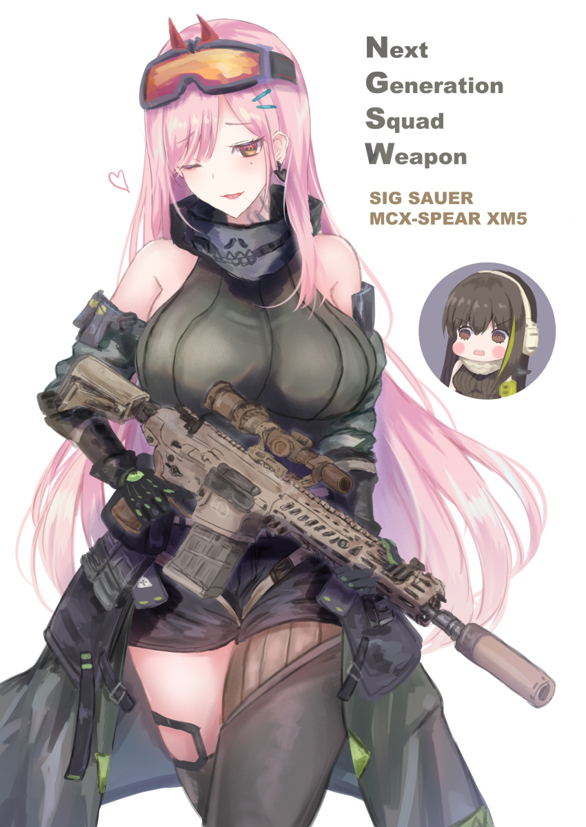 1girl absurdres assault_rifle asymmetrical_legwear bangs breasts brown_hair chibi earrings eyewear_on_head girls'_frontline gun hair_ornament highres jewelry large_breasts long_hair looking_at_viewer m4a1_(girls'_frontline) martinreaction mask mask_around_neck mole mole_under_eye multicolored_hair neck_tattoo non-web_source one_eye_closed open_mouth pink_eyes pink_hair rifle scarf shorts sig_mcx_(girls'_frontline) sig_sauer_mcx sleeveless sleeveless_sweater streaked_hair sweater tattoo weapon