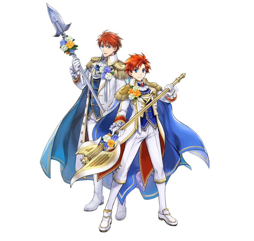 2boys absurdres axe eliwood_(fire_emblem) father_and_son fire_emblem fire_emblem:_the_binding_blade fire_emblem:_the_blazing_blade fire_emblem_heroes highres holding holding_axe holding_polearm holding_weapon male_focus multiple_boys official_alternate_costume official_art polearm roy_(fire_emblem) simple_background wada_sachiko weapon white_background