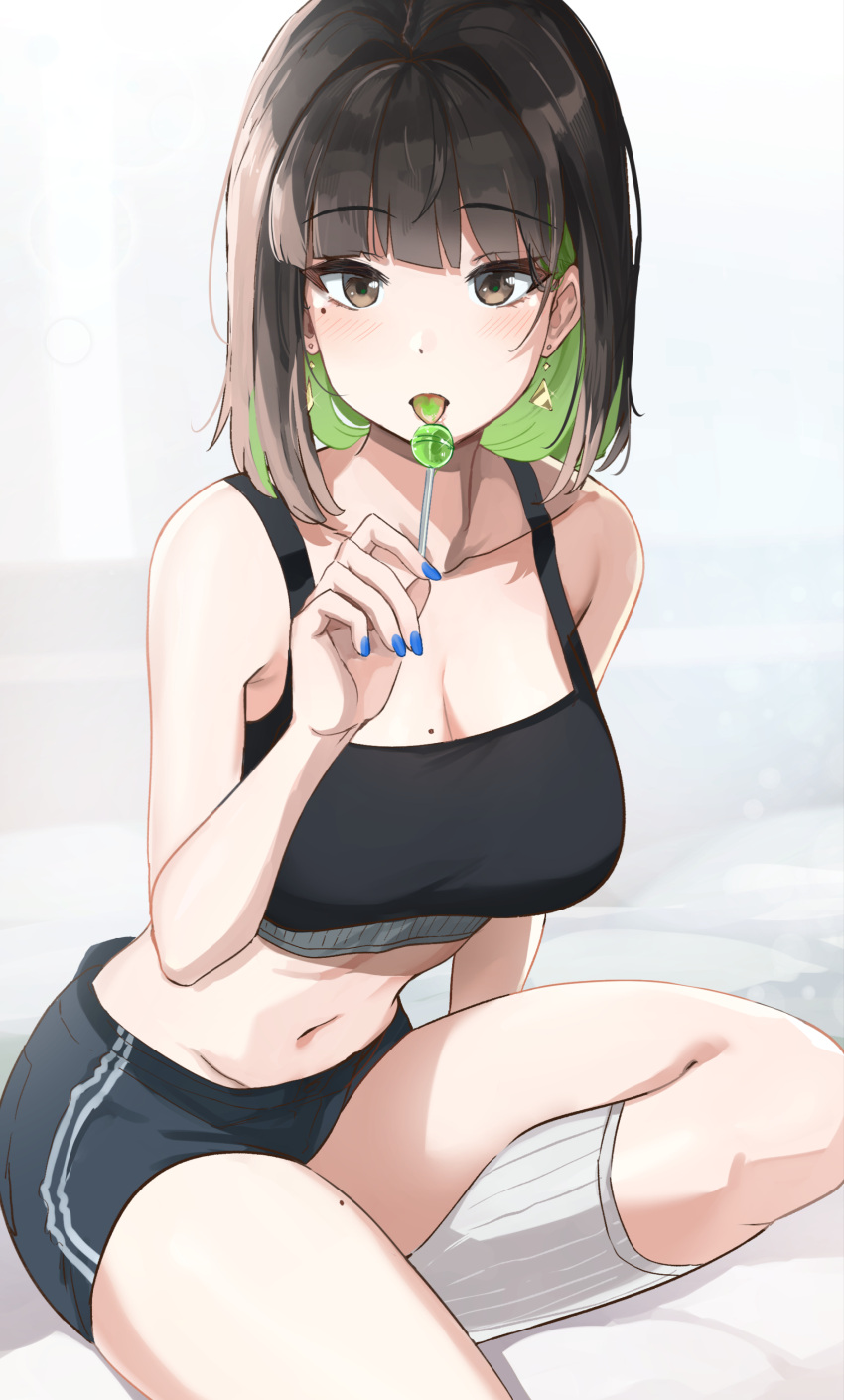 1girl absurdres bangs blush breasts brown_eyes brown_hair candy cleavage collarbone colored_inner_hair earrings english_commentary eyebrows_visible_through_hair food green_hair highres holding holding_candy holding_food holding_lollipop jewelry kneehighs large_breasts licking lollipop looking_at_viewer midriff miru_(ormille) mole mole_on_breast mole_on_thigh mole_under_eye multicolored_hair navel open_mouth original ormille short_hair short_shorts shorts sitting socks solo sports_bra stomach thighs two-tone_hair