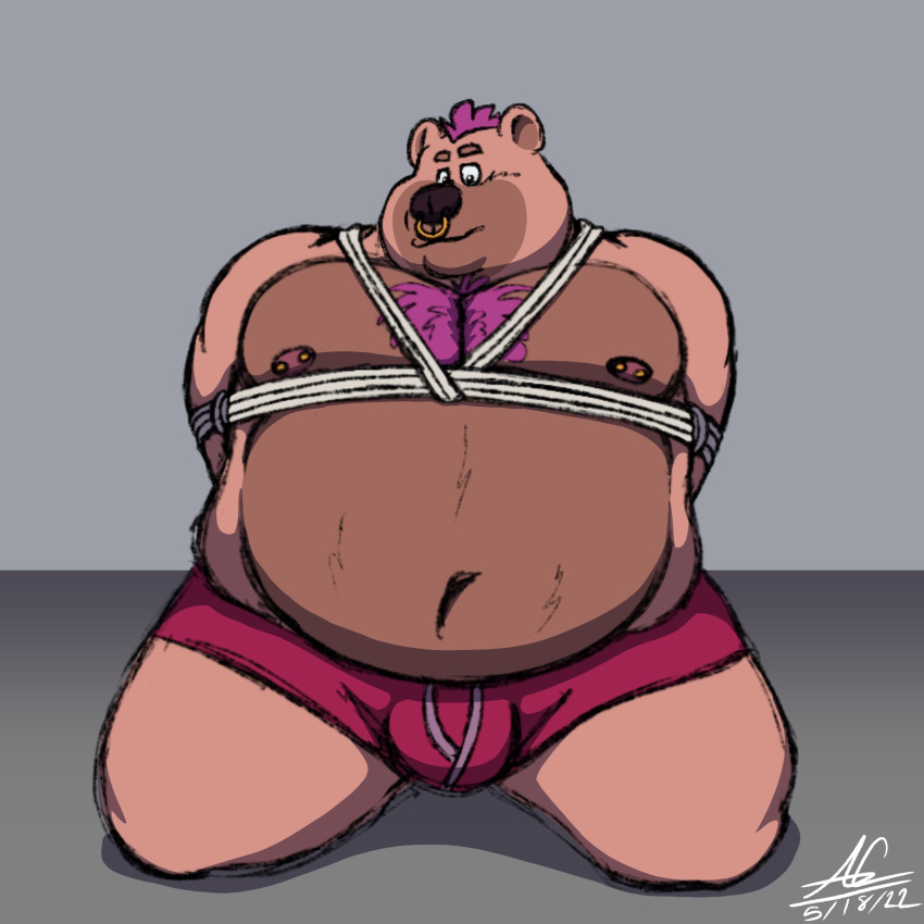 2022 anthro bdsm belly big_belly bigmrshmllw_pup bondage bound brown_body bulge clothing facial_piercing hi_res male mammal moobs navel nipples nose_piercing nose_ring overweight overweight_male piercing rope simple_background solo underwear ursid