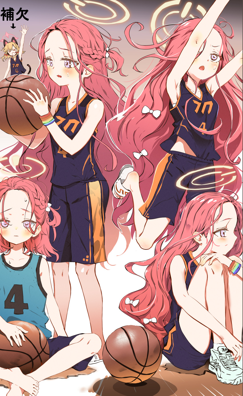 &gt;_&lt; 2girls absurdres animal_ears arm_up arms_up arrow_(symbol) ball basketball basketball_jersey black_shirt black_shorts blonde_hair blue_archive blue_shirt blush bow braid breasts cat_ear_headphones cat_ears cat_tail closed_eyes closed_mouth fake_animal_ears forehead hair_bow halo headphones highres holding holding_ball long_hair momoi_(blue_archive) multiple_girls multiple_views open_mouth purple_eyes red_bow red_hair ryoma_(rym_369) sandals shirt shoes shorts sidelocks sitting sleeveless sleeveless_shirt small_breasts standing standing_on_one_leg sweat tail translation_request very_long_hair white_bow white_footwear yuzu_(blue_archive)