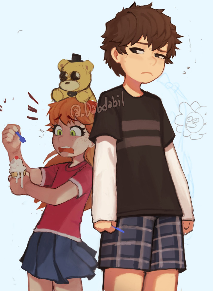 1boy 1girl blonde_hair bow brother_and_sister brown_hair crying_child_(fnaf) dabi_bill elizabeth_afton five_nights_at_freddy's food golden_freddy green_eyes hair_bow highres holding holding_food holding_spoon ice_cream ice_cream_cone long_hair pink_shirt shirt shorts siblings skirt spoon striped striped_shirt stuffed_animal stuffed_toy teddy_bear