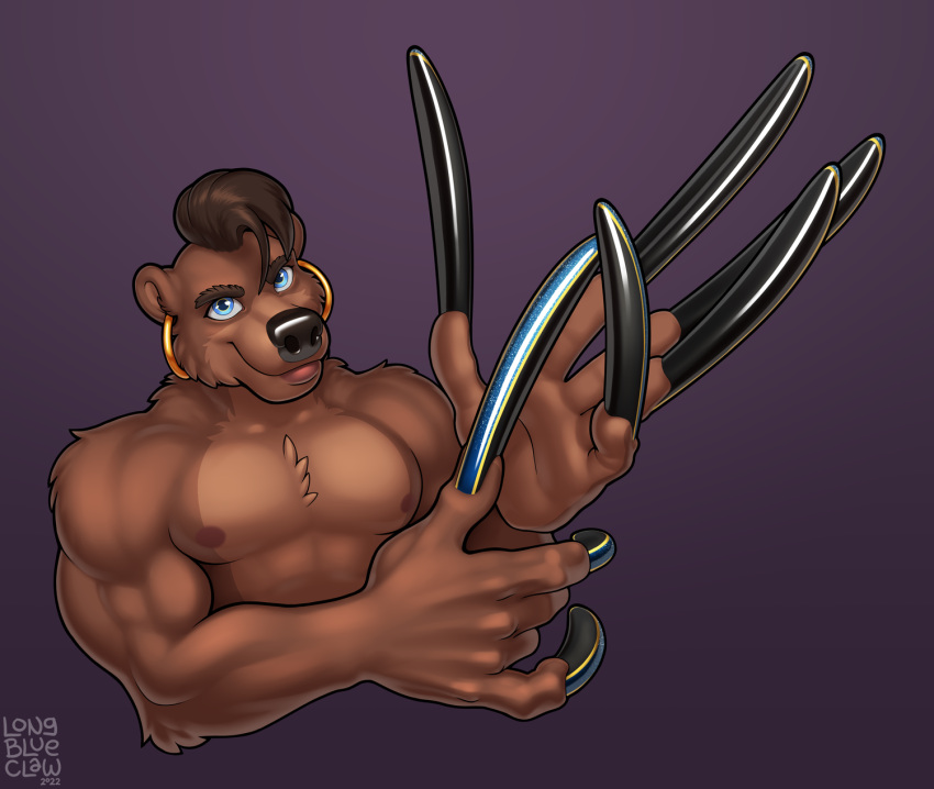 2022 5_fingers anthro areola biped digital_media_(artwork) ear_piercing ear_ring fingers fur hair hi_res long_nails longblueclaw looking_at_viewer male mammal muscular muscular_anthro muscular_male nipples piercing simple_background solo ursid