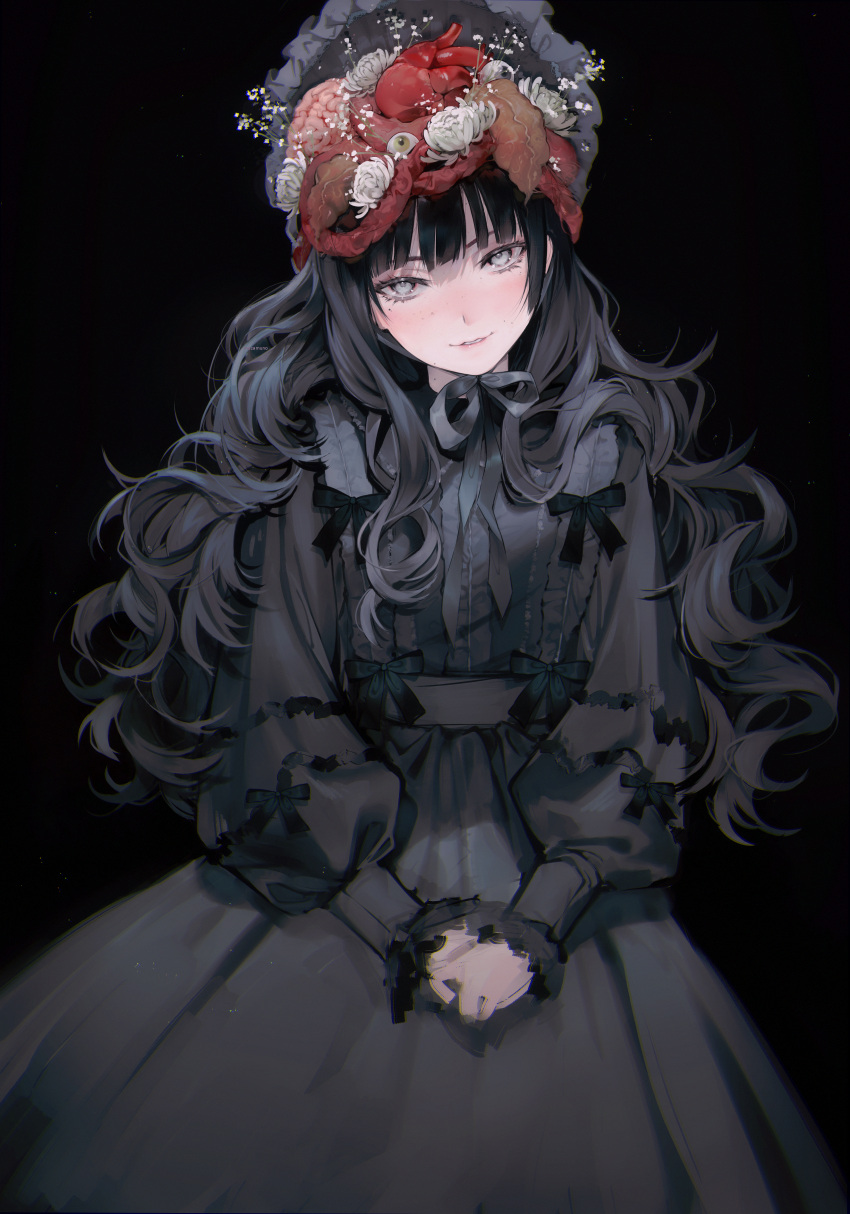 1girl absurdres black_background black_dress black_hair bonnet brain curly_hair disembodied_eye dress flower freckles frilled_dress frilled_sleeves frills gothic_lolita grey_eyes guro heart highres hime_cut intestines lolita_fashion long_hair long_sleeves mazamuno mole original parted_lips simple_background sleeves_past_wrists