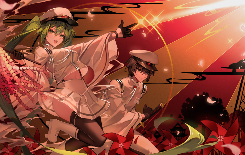 1boy 1girl absurdres aiguillette bangs black_eyes black_gloves black_hair boots charging_forward feet_out_of_frame geta gloves gohei green_eyes green_hair grin hair_between_eyes half_gloves hand_up hat hatsune_miku highres holding jumping kaito_(vocaloid) katana kazenemuri knee_boots long_hair long_sleeves looking_afar looking_at_viewer medal midriff_peek miniskirt navel outstretched_arm pants peaked_cap petals pinwheel pleated_skirt pointing project_diva_(series) ready_to_draw rising_sun senbon-zakura_(vocaloid) shirt short_hair skirt skirt_set smile smoke sparkle sunburst suspenders sword tassel thighhighs twintails upshirt vocaloid weapon white_footwear white_headwear white_pants white_shirt white_skirt wide_sleeves