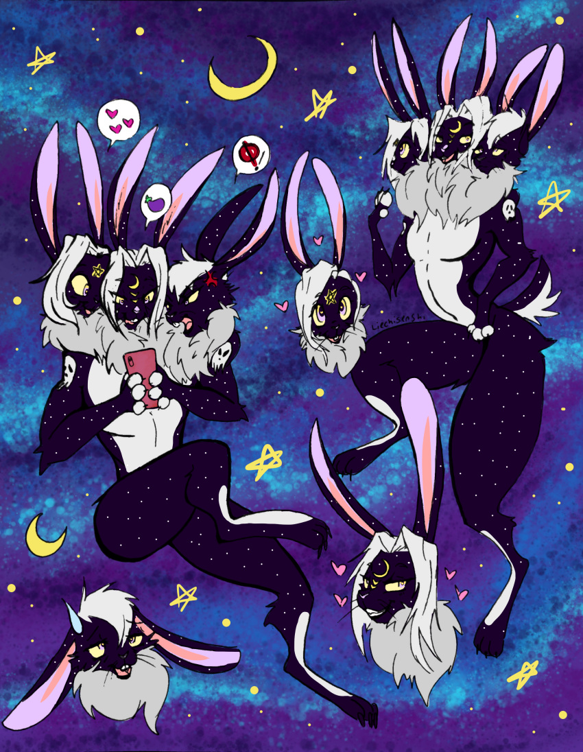 absurd_res hi_res lagomorph leporid mammal moon multifur multihead rabbit sketch_page space star