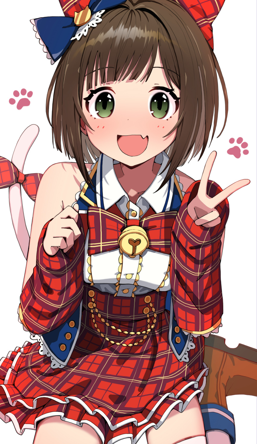 1girl :d absurdres animal_ears bare_shoulders blue_bow bow brown_hair cat_ears cat_tail detached_sleeves green_eyes hair_bow highres idolmaster idolmaster_cinderella_girls looking_at_viewer maekawa_miku morumoru_x plaid plaid_skirt red_skirt short_hair simple_background skirt smile solo tail white_background