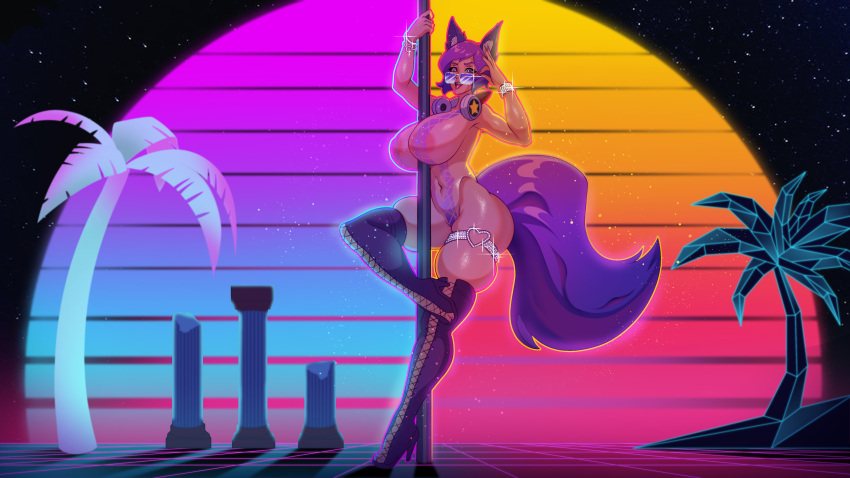 &lt;3 &lt;3_eyes abstract_background absurd_res animal_humanoid areola big_breasts big_butt breasts butt canid canid_humanoid canine canine_humanoid clothed clothing eyewear fangs female fox_humanoid hair headphones hi_res humanoid legwear looking_at_viewer mammal mammal_humanoid nipples partially_clothed pinup pole pose purple_hair qobals solo stockings stripper_pole sunglasses thick_thighs thigh_strap tongue tongue_out wide_hips
