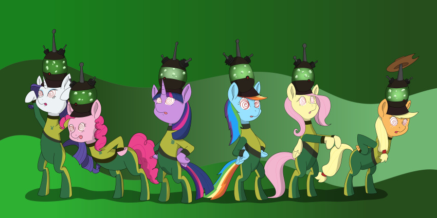 absurd_res anthro applejack_(mlp) armor bodysuit brainwashing chedx clothed clothing cowboy_hat crossover dancing equid equine expressionless female fluttershy_(mlp) friendship_is_magic group hasbro hat headgear headwear helmet hi_res horn humor hypnosis jumpsuit mammal mind_control my_little_pony nickelodeon open_mouth pegasus pinkie_pie_(mlp) pupils rainbow_dash_(mlp) raised_arms rarity_(mlp) simple_background skinsuit spiral_eyes symbol-shaped_pupils tech_control technology the_adventures_of_jimmy_neutron:_boy_genius tight_clothing tongue tongue_out twilight_sparkle_(mlp) unicorn unusual_pupils winged_unicorn wings