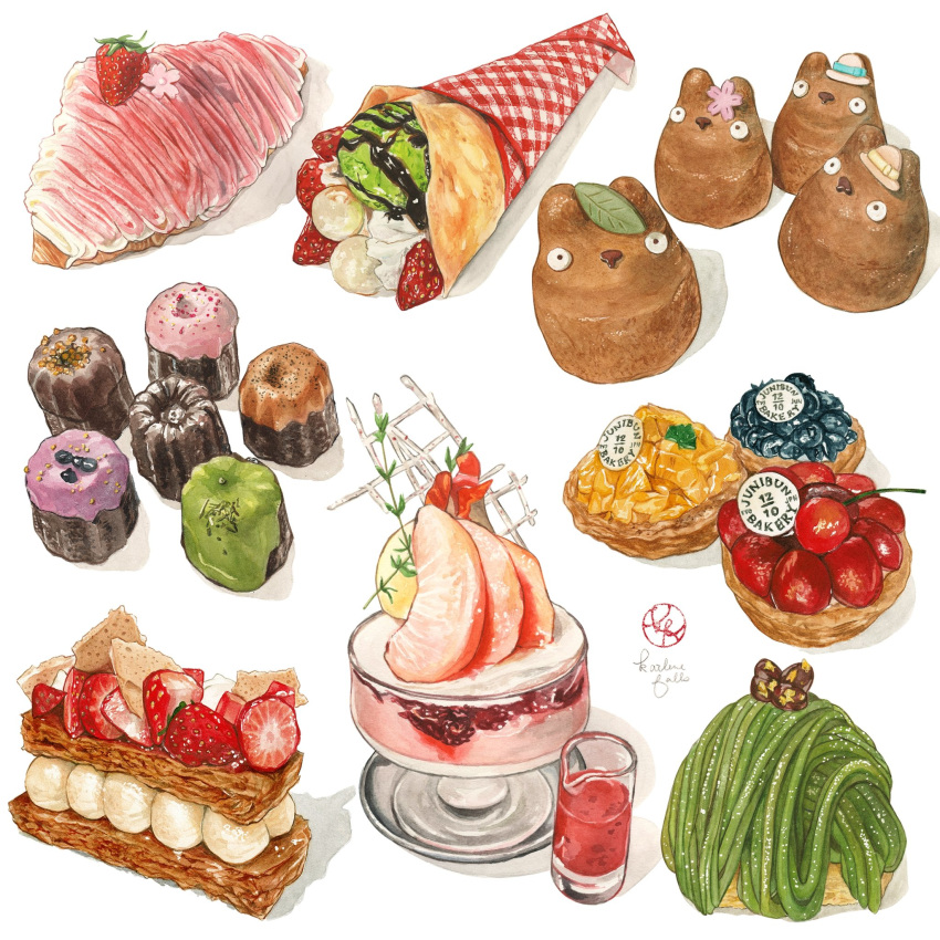 canele cherry cherry_blossoms chocolate_syrup cream crepe croissant food food_art food_focus fruit fruit_tart garnish highres ice_cream ice_cream_crepe kailene mango matcha_(food) mille-feuille mont_blanc_(food) nut_(food) original pastry peach still_life strawberry sundae tonari_no_totoro totoro