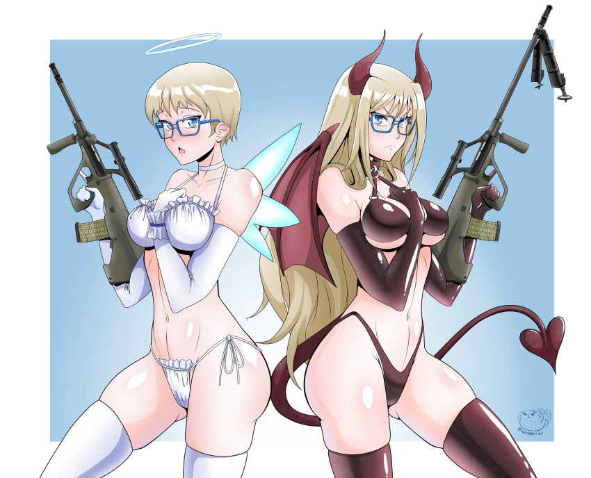 2girls arm_between_breasts ass_visible_through_thighs assault_rifle between_breasts black_gloves blue-framed_eyewear blue_background blue_eyes blush border breasts bullpup demon_horns demon_tail demon_wings elbow_gloves fairy_wings foregrip fugubarakun gloves groin gun highres horns large_breasts long_hair looking_at_viewer multiple_girls multiple_persona navel rifle scope scowl short_hair side-tie_bottom skindentation steyr_aug steyr_aug_(upotte!!) tail thighhighs thighs twitter_username upotte!! weapon white_border white_gloves wings