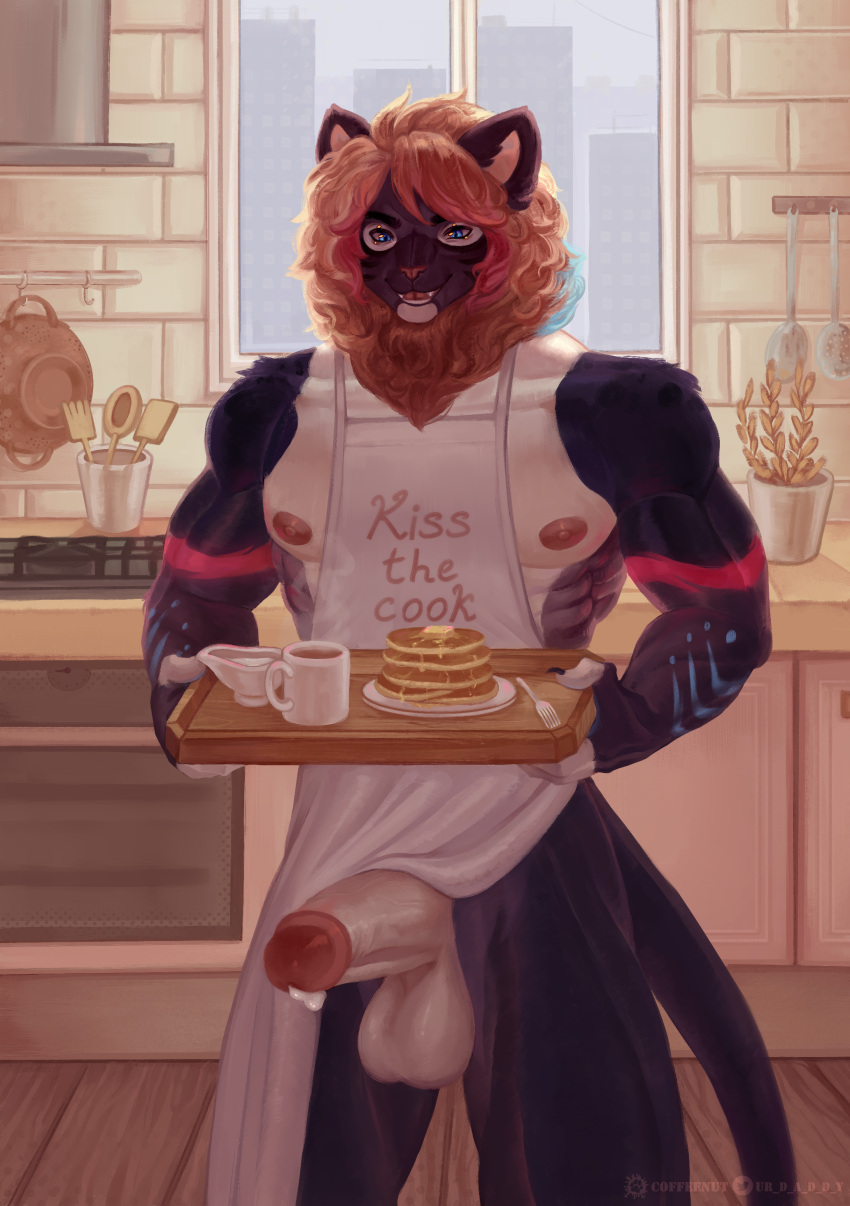 absurd_res anthro apron apron_only big_penis breakfast clothing coffeenut duo felid genitals hi_res kitchen lion male mammal mostly_nude muscular muscular_male pantherine penis solo