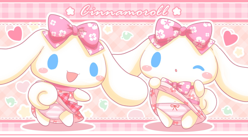 &lt;3 16:9 4k abstract_background absurd_res accessory anthro blue_eyes blush blush_stickers bottomwear canid canine canis cinnamon_(cinnamoroll) cinnamoroll clothed clothing clothing_lift crossdressing domestic_dog dress dress_lift fur hair_accessory hair_bow hair_ribbon hi_res letterbox looking_at_viewer looking_back looking_back_at_viewer male mammal multiple_poses open_mouth open_smile panties pattern_bottomwear pattern_clothing pattern_panties pattern_underwear pink_bow pink_clothing pink_dress pink_panties pink_underwear pose punimofu ribbons sanrio smile solo striped_bottomwear striped_clothing striped_panties striped_underwear stripes text underwear white_body white_fur widescreen