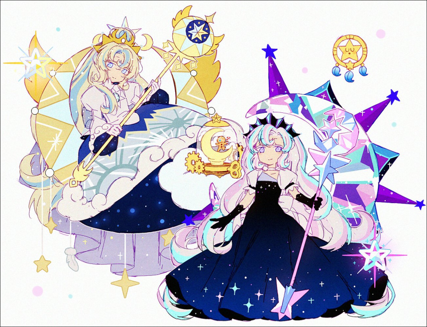 2girls black_gloves blonde_hair blue_dress blue_gloves cookie_run crescent crescent_moon crown dream_catcher dress dual_persona gloves gradient_dress gradient_gloves hakusai_(tiahszld) holding holding_staff humanization long_hair moon moonlight_cookie multicolored_hair multiple_girls official_alternate_costume on_crescent puffy_short_sleeves puffy_sleeves short_sleeves sitting smile staff streaked_hair very_long_hair white_gloves white_hair