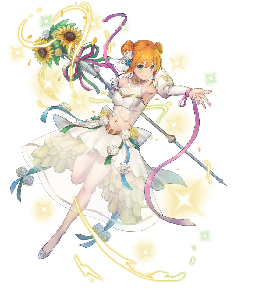 1girl armpits bangs blush bow bowtie breasts bridal_veil closed_mouth double_bun dress eyebrows_visible_through_hair fire_emblem fire_emblem:_the_binding_blade fire_emblem_heroes flower full_body gold_trim green_eyes hair_ornament highres holding larum_(fire_emblem) layered_skirt leg_up long_sleeves looking_away midriff navel non-web_source official_art orange_hair oukawa_yuu outstretched_arm rose see-through shiny shiny_hair sidelocks skirt sleeveless small_breasts smile sparkle staff stomach sunflower transparent_background veil wedding_dress white_dress white_flower white_footwear white_rose