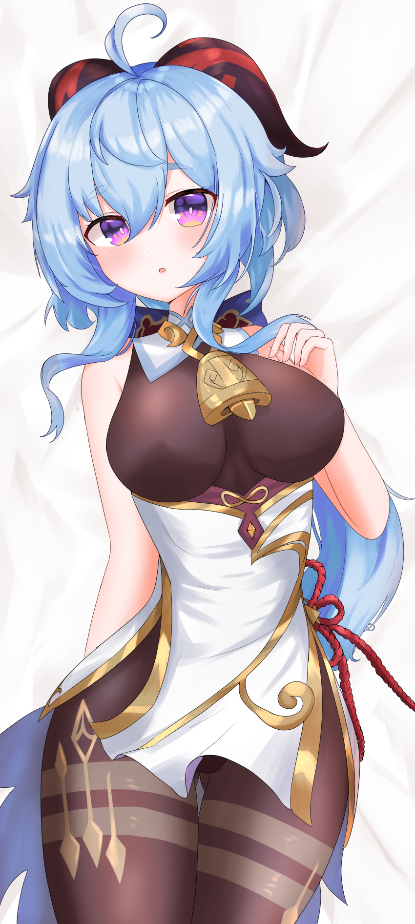 1girl absurdres ahoge ass_visible_through_thighs bangs bare_arms bed_sheet bell black_legwear blue_hair blush bodystocking bodysuit breasts chinese_knot eyebrows_visible_through_hair flower_knot ganyu_(genshin_impact) genshin_impact gold_trim highres horns large_breasts long_hair looking_at_viewer lying min1910 neck_bell no_gloves on_back parted_lips purple_eyes sidelocks sleeveless solo thigh_gap thighlet