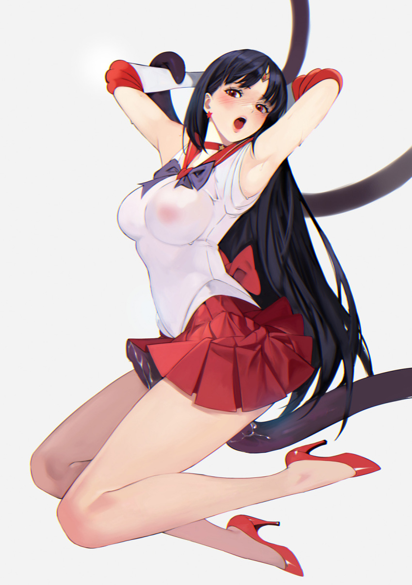 1girl armpits arms_behind_head arms_up back_bow bangs blush bobobong bow covered_nipples detached_sleeves earrings full_body high_heels highres jewelry looking_at_viewer nipples open_mouth pleated_skirt pussy_juice red_bow red_eyes red_footwear red_skirt sailor_mars see-through see-through_shirt shirt simple_background skirt solo star_(symbol) star_earrings tentacle_sex tentacles thighs white_background white_shirt