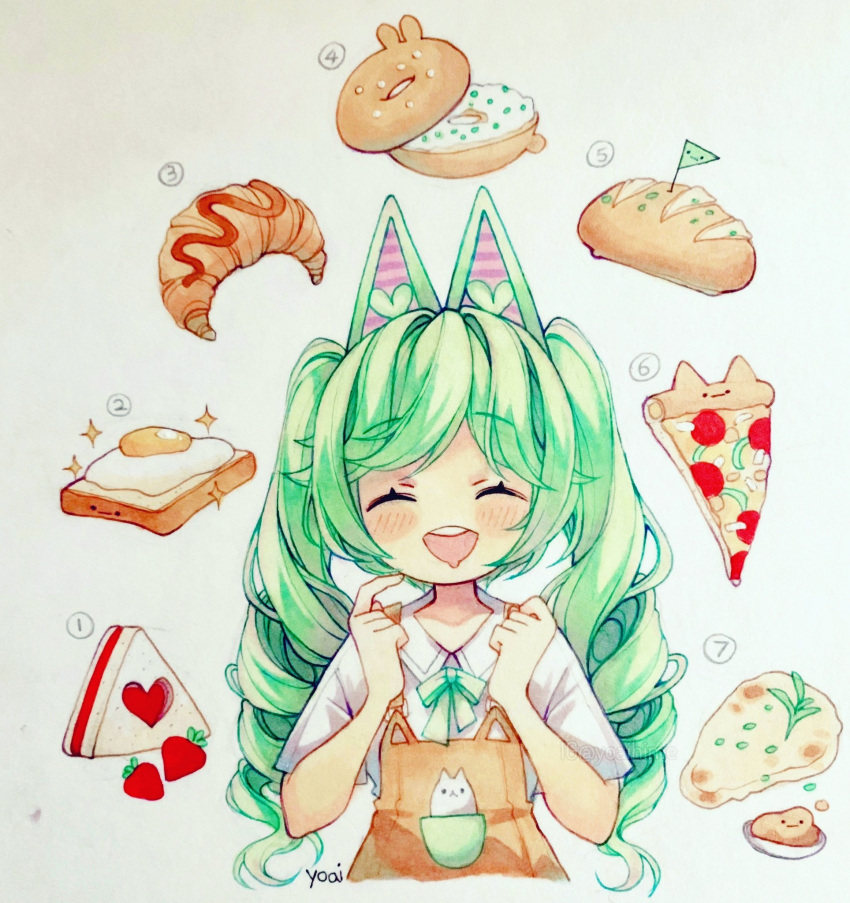 1girl ^_^ animal_ears animal_print anny_(yoai) bangs bow bowtie bread cat_ears cat_print closed_eyes collared_shirt commentary croissant doughnut drill_hair drooling english_commentary facing_viewer finger_to_mouth flag food food_art fried_egg fried_egg_on_toast fruit green_bow green_bowtie green_hair hair_flaps hands_up happy highres hungry long_hair marker_(medium) open_mouth original overalls photo_(medium) pizza pizza_slice sandwich shirt short_sleeves simple_background solo strawberry thinking toast traditional_media twin_drills twintails twitter_username upper_body