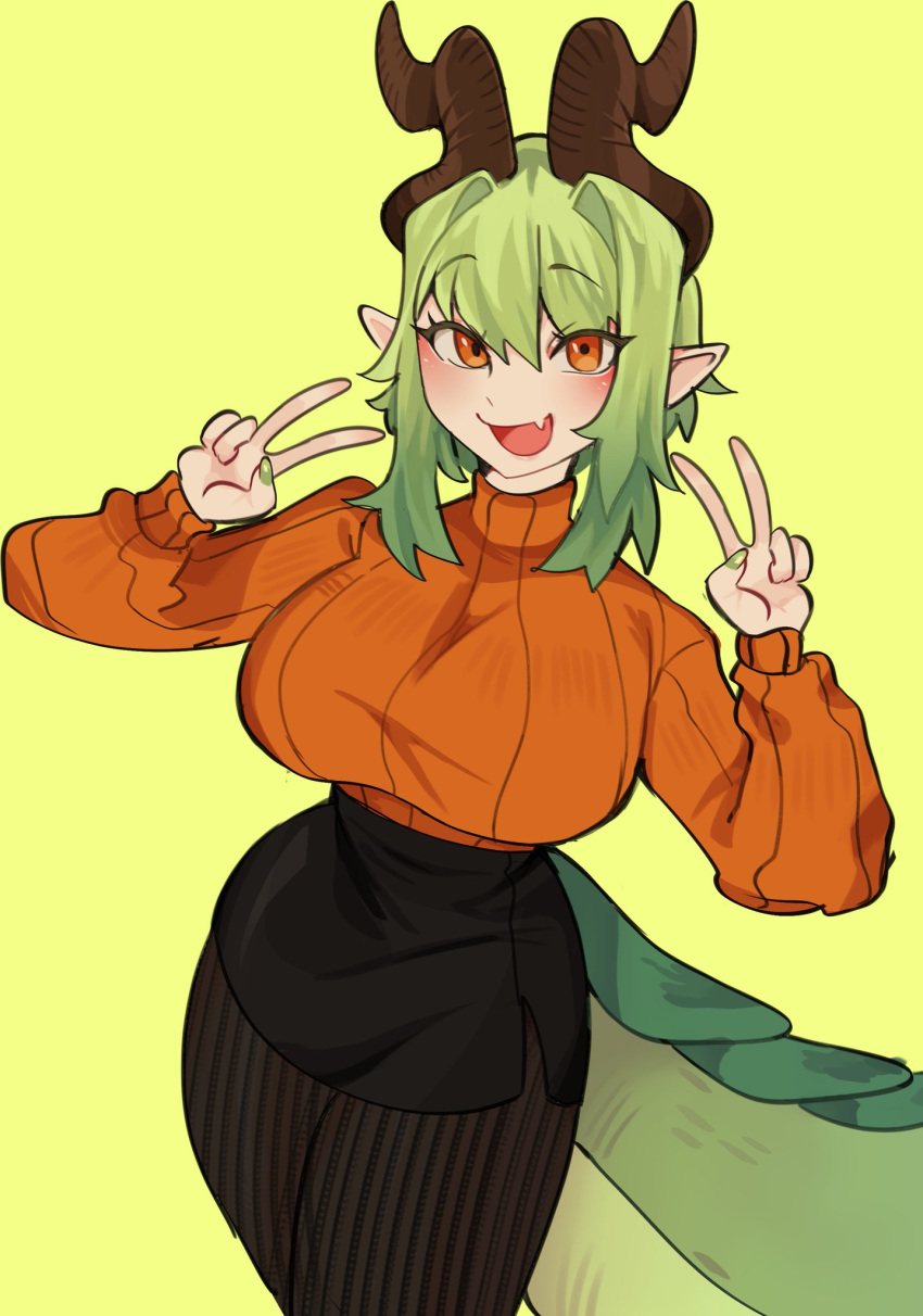 clothing dragon_tail female gesture green_hair hair hi_res horn horned_humanoid humanoid oniiyanna solo sweater topwear v_sign