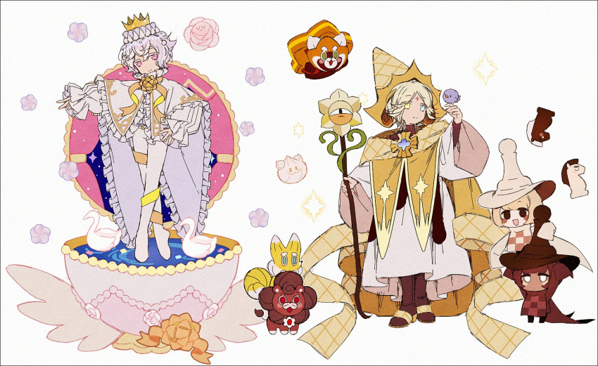 2boys 2others :d ballet bird bird_on_hand blonde_hair blue_eyes blush_stickers boots brown_footwear brown_headwear cape chess_choco_cookie chess_piece closed_mouth cookie_run cookiemals crown frilled_cape hakusai_(tiahszld) hat heterochromia leggings long_hair long_sleeves multiple_boys multiple_others official_alternate_costume pink_eyes pure_vanilla_cookie short_hair smile swan whipped_cream_cookie white_cape white_hair white_headwear white_legwear white_sleeves white_tunic wide_sleeves witch_hat yellow_eyes