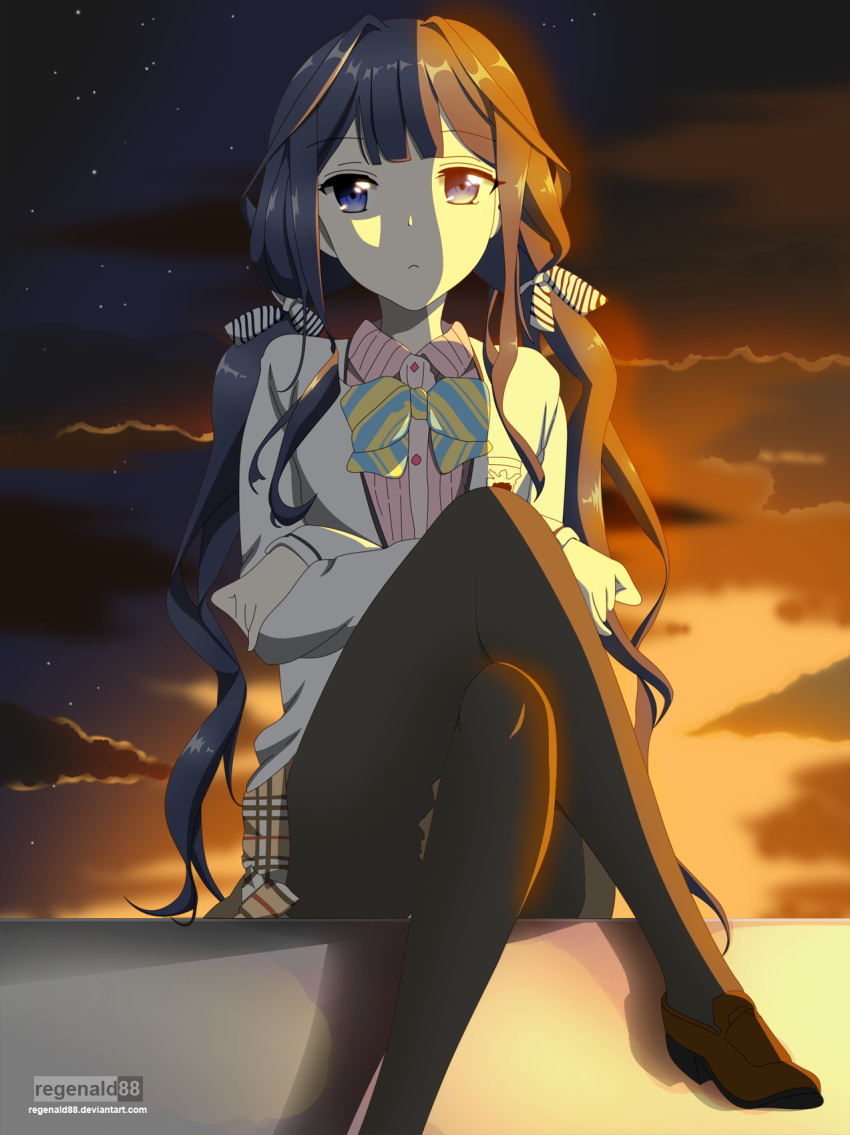 1girl adagaki_aki black_bow black_hair black_legwear blue_eyes bow brown_skirt closed_mouth collared_shirt crossed_arms crossed_legs eyebrows_visible_through_hair hair_bow highres long_hair looking_at_viewer low_twintails masamune-kun_no_revenge miniskirt pantyhose plaid plaid_skirt regenald88 school_uniform shaded_face shirt sitting skirt solo sunset twintails