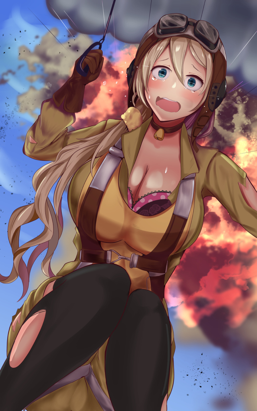 1girl aviator_cap blonde_hair blue_eyes blush bra breasts brown_gloves chochoporisu choker cleavage commission crying explosion formation_girls gloves goggles goggles_on_headwear hair_ornament hair_over_shoulder hair_scrunchie highres large_breasts looking_at_viewer open_mouth parachute pilot_suit purple_bra roberta_samael scrunchie skeb_commission solo torn_clothes torn_legwear underwear yellow_scrunchie