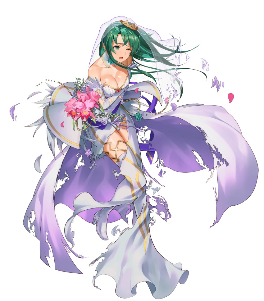 1girl breasts bridal_veil cecilia_(fire_emblem) collarbone dress fire_emblem fire_emblem:_the_binding_blade fire_emblem_heroes full_body gold_trim green_eyes green_hair hair_ornament highres kainown large_breasts long_hair non-web_source official_art one_eye_closed sidelocks strapless strapless_dress torn_clothes torn_dress transparent_background veil wedding_dress white_dress