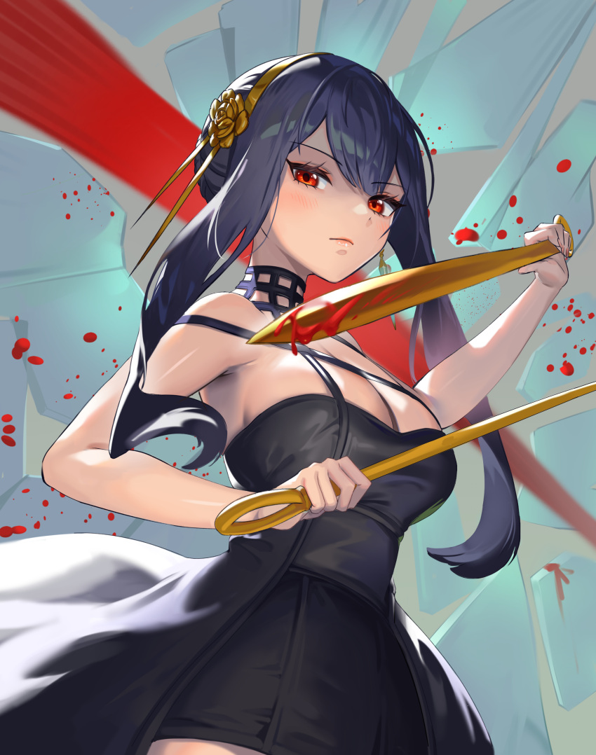 1girl absurdres bare_shoulders black_dress black_hair blood blood_on_weapon blood_splatter blush breasts choker cleavage closed_eyes dagger dress dual_wielding earrings hairband half-closed_eyes highres holding jewelry knife large_breasts looking_at_viewer moonandmist sidelocks solo spy_x_family upper_body weapon yor_briar