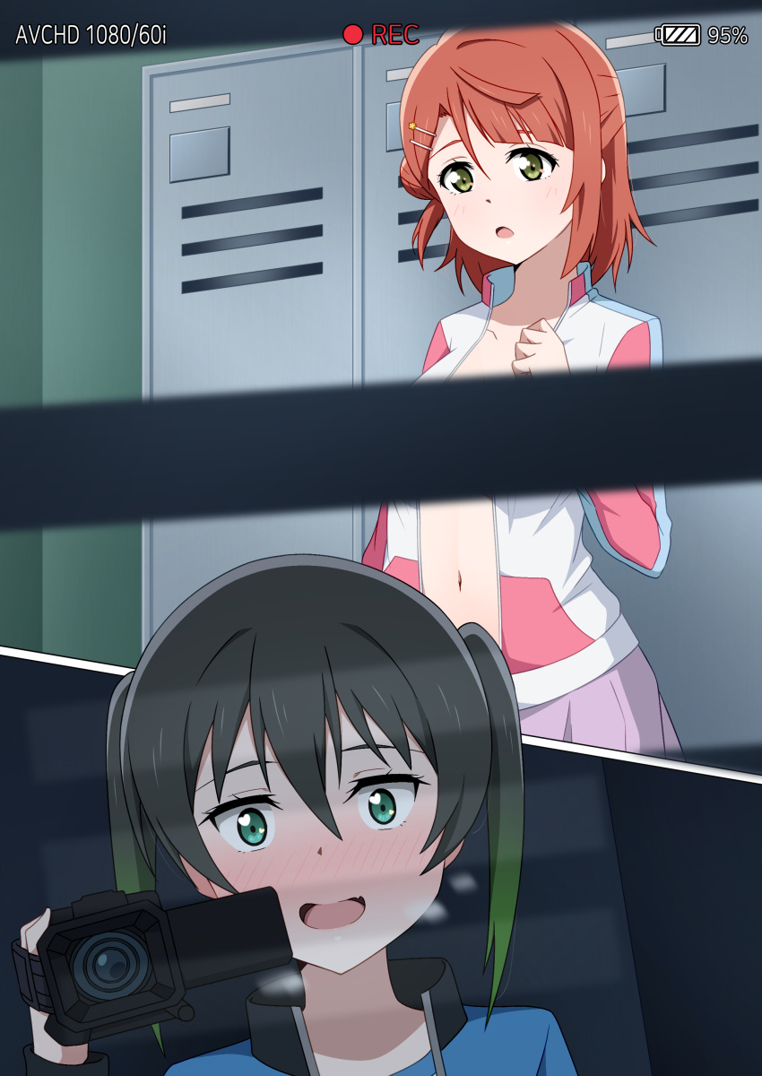 2girls :d absurdres bangs black_hair blunt_bangs blush camcorder changing_room commentary convenient_censoring d: eyebrows_behind_hair fang female_pervert gradient_hair green_eyes green_hair hair_between_eyes hair_ornament hairclip hand_up heart heart_in_eye heavy_breathing highres hoenn_(jgm1102) holding_camcorder in_locker jacket jitome love_live! love_live!_nijigasaki_high_school_idol_club medium_hair multicolored_hair multiple_girls navel nose_blush open_clothes open_jacket open_mouth pervert pink_hair pink_jacket pink_skirt recording short_hair short_twintails skirt smile split_mouth symbol_in_eye takasaki_yuu textless twintails uehara_ayumu undressing unzipped voyeurism wide-eyed yellow_eyes yuri