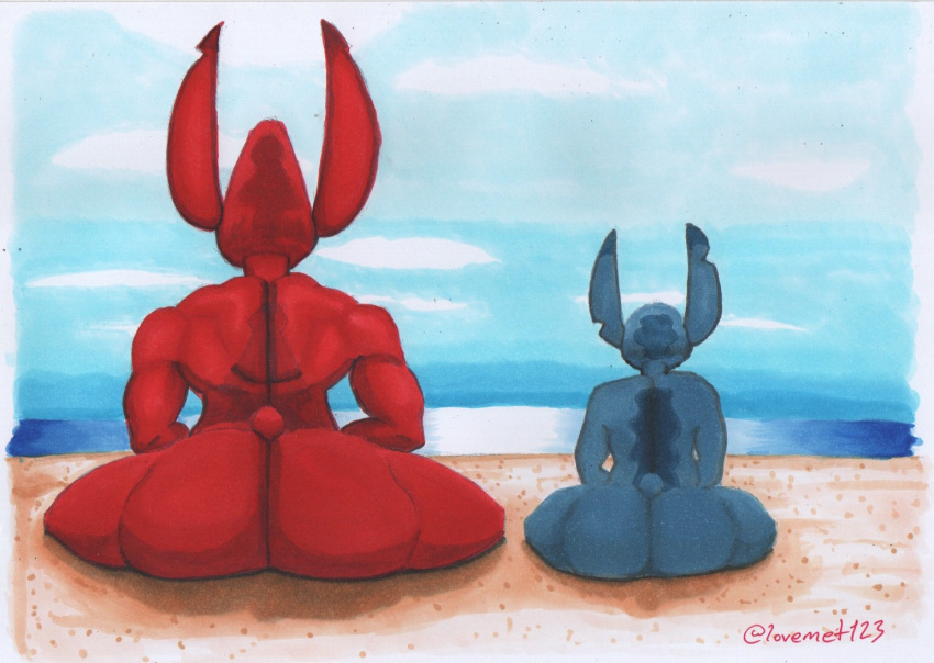 2022 alien anthro anthrofied back_markings beach big_butt biped blue_body butt day disney duo ear_markings experiment_(lilo_and_stitch) experiment_627 facial_markings head_markings larger_anthro larger_male lilo_and_stitch lovemet123_(lovemet_room) male markings muscular muscular_anthro muscular_male notched_ear nude occipital_markings outside rear_view red_body seaside sitting size_difference small_tail smaller_anthro smaller_male stitch_(lilo_and_stitch) traditional_media_(artwork)