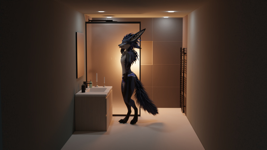 anthro bathroom big_ears blender_(software) blep blue_body blue_eyes blue_fur bulge clothed clothing fur hand_on_hip hi_res kaminofox male mirror narrowed_eyes rexouium shower solo tongue tongue_out underwear underwear_only uranousraptor white_body white_fur