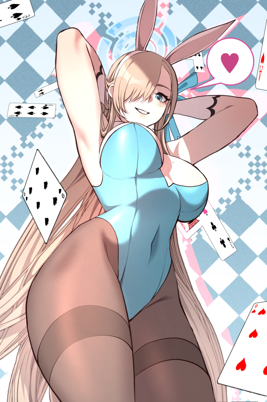 1girl animal_ears armpits arms_behind_head arms_up asuna_(blue_archive) asuna_(bunny_girl)_(blue_archive) blue_archive blue_eyes blue_leotard blush breasts carcass_(artist) card checkered_background cleavage covered_navel fake_animal_ears gloves hair_over_one_eye heart highres large_breasts leotard long_hair looking_at_viewer looking_down official_alternate_costume pantyhose playboy_bunny playing_card presenting_armpit rabbit_ears rabbit_tail sideboob smile solo spoken_heart standing tail thighs very_long_hair