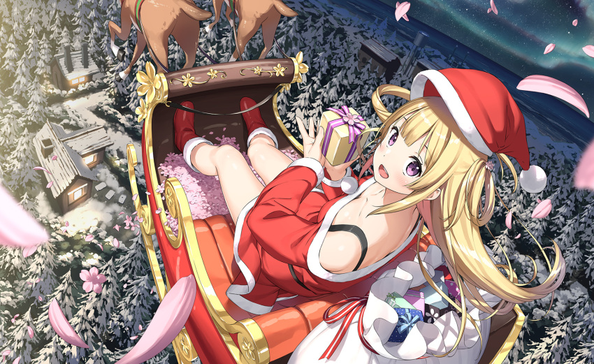 1girl :d bare_shoulders blonde_hair blush boots breasts character_request christmas collarbone dress gift hat highres holding holding_gift kantoku long_hair looking_at_viewer looking_back open_mouth original petals purple_eyes red_dress santa_boots santa_costume santa_dress santa_hat sitting small_breasts smile solo winter