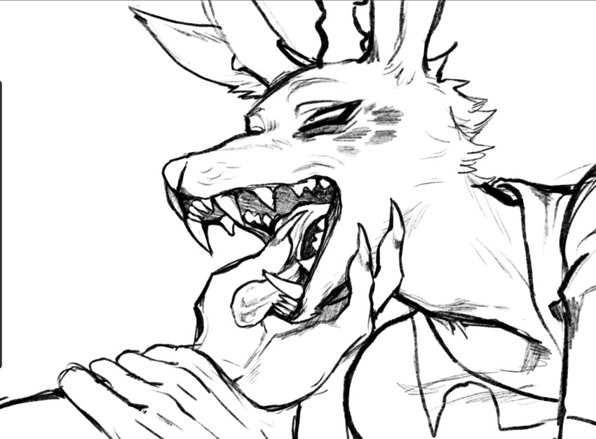 antelope beastars bovid caressing_face fangs gazelle hi_res hybrid male male/male mammal melon_(beastars) monochrome solo tongue valentitans