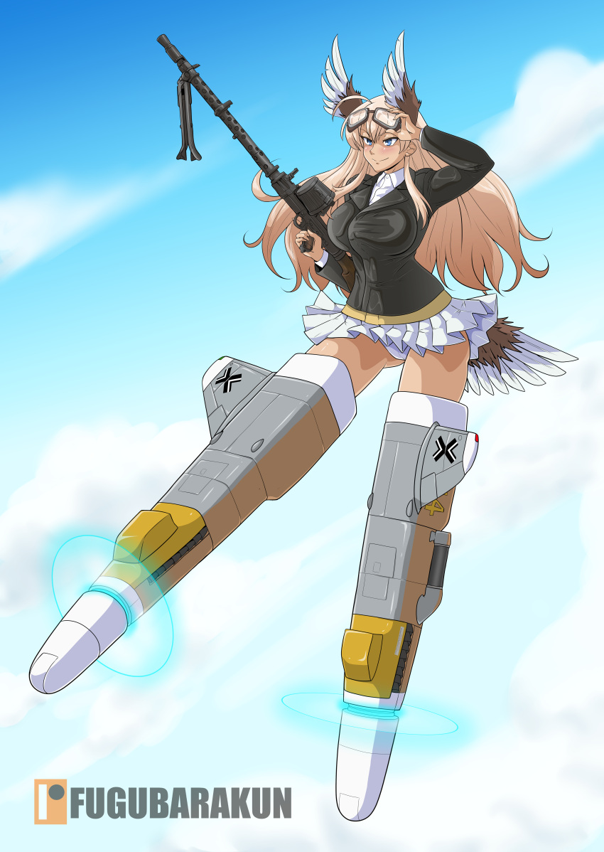 1girl absurdres ahoge ass_visible_through_thighs bird_tail black_jacket blonde_hair blue_eyes blue_sky breasts cloud flying fugubarakun goggles goggles_on_head gun hanna-justina_marseille head_wings highres jacket large_breasts long_hair machine_gun mg34 panties pleated_skirt shirt skirt sky solo strike_witches striker_unit tail thighs underwear weapon white_panties white_shirt white_skirt world_witches_series