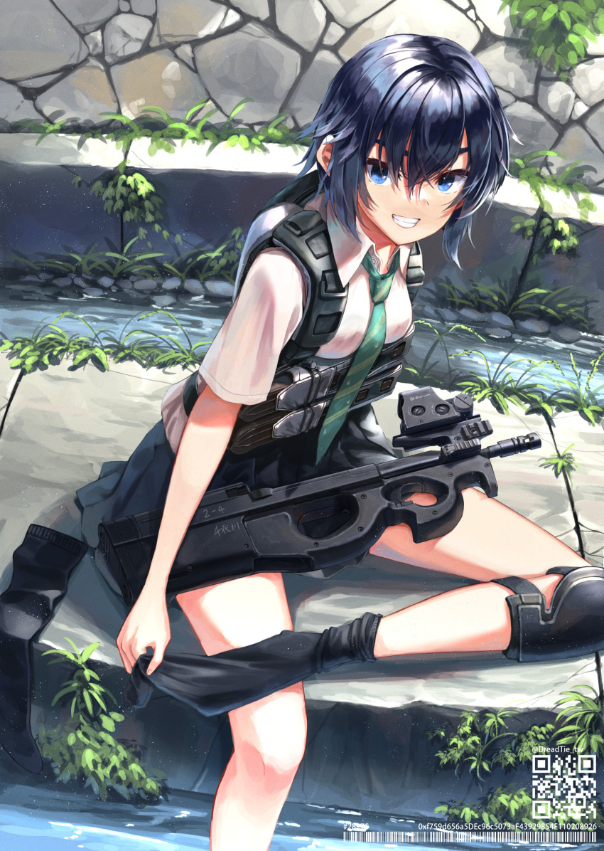 1girl absurdres black_hair black_legwear blue_eyes bullpup dreadtie grin gun highres knee_pads legwear_removed necktie original outdoors p90 ponytail qr_code school_uniform sitting smile solo submachine_gun water weapon